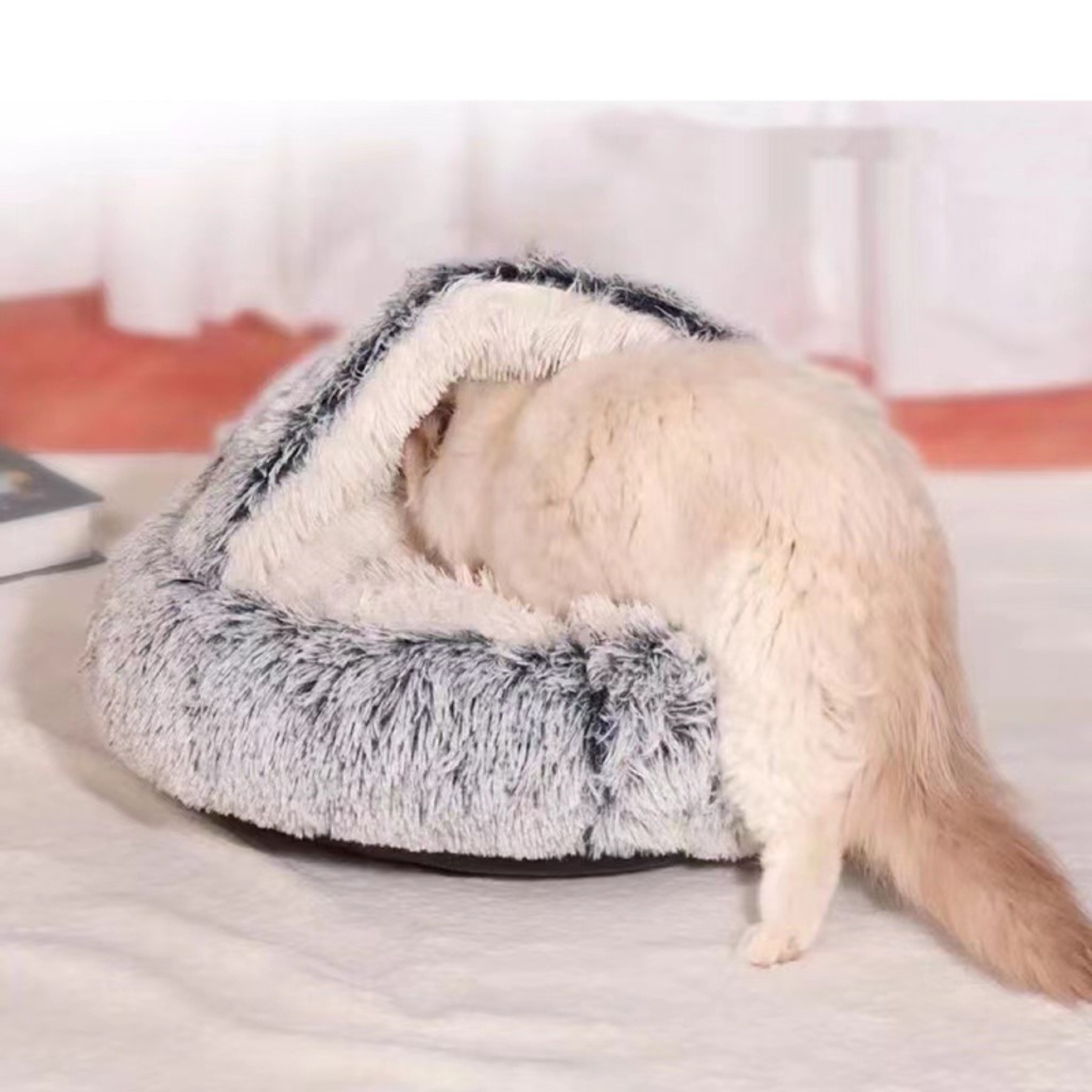 Cat entering the FurFree plush pet bed