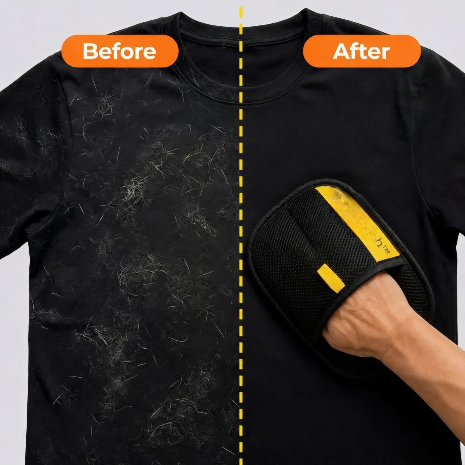 Before and after pet hair removal on a black shirt