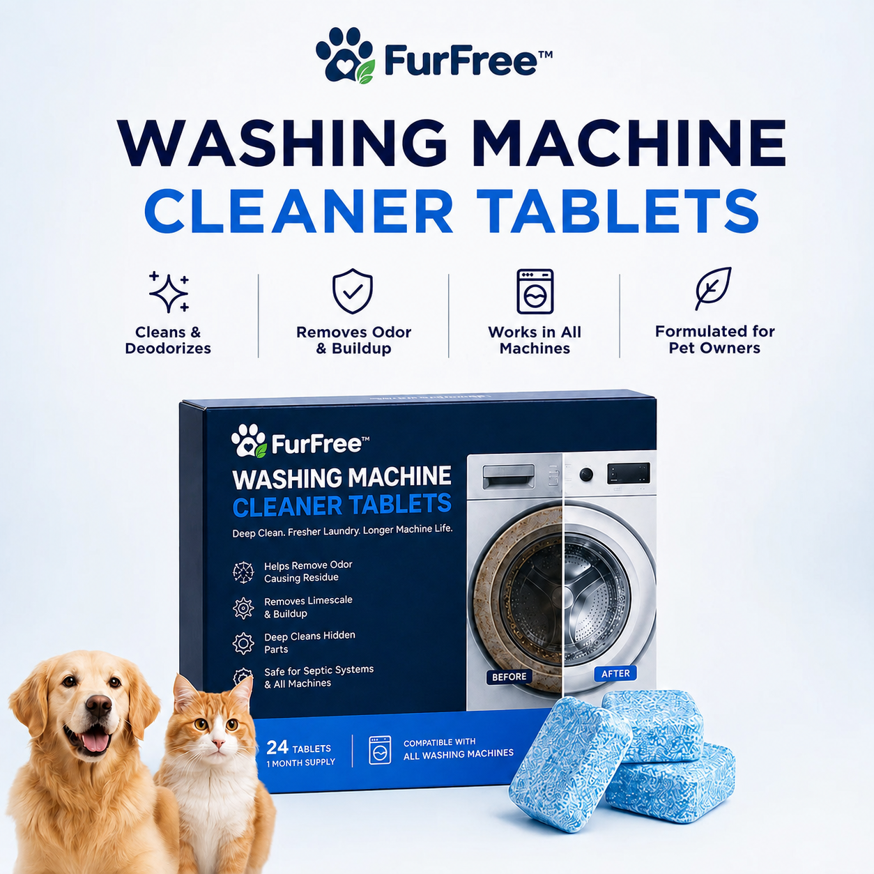 FurFree Washing Machine Cleaner Tablets with dog and cat